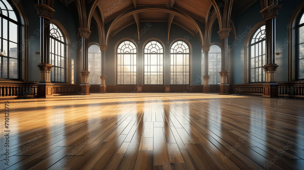 Classical empty room interior 3d render,The rooms have wooden floors and gray walls ,decorate with white moulding,there are white window looking out to the nature view