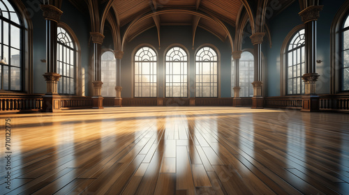 Classical empty room interior 3d render The rooms have wooden floors and gray walls  decorate with white moulding there are white window looking out to the nature view
