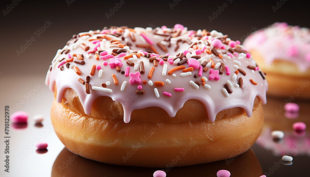 Delicious donut with pink icing and chocolate generated by AI