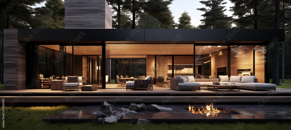Luxury minimalist cubic house with wooden cladding, black panel walls, and front yard landscaping