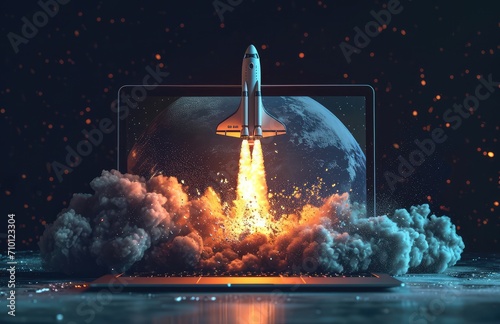 A dynamic innovation concept as a rocket launches energetically from a laptop into space, symbolizing technological advancements, creativity, and the limitless possibilities of digital innovation
