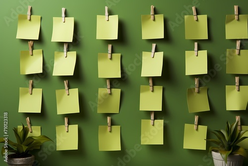 Sharp image of a perfectly arranged set of sticky notes on a pastel green surface, leaving room for inspiration in the middle