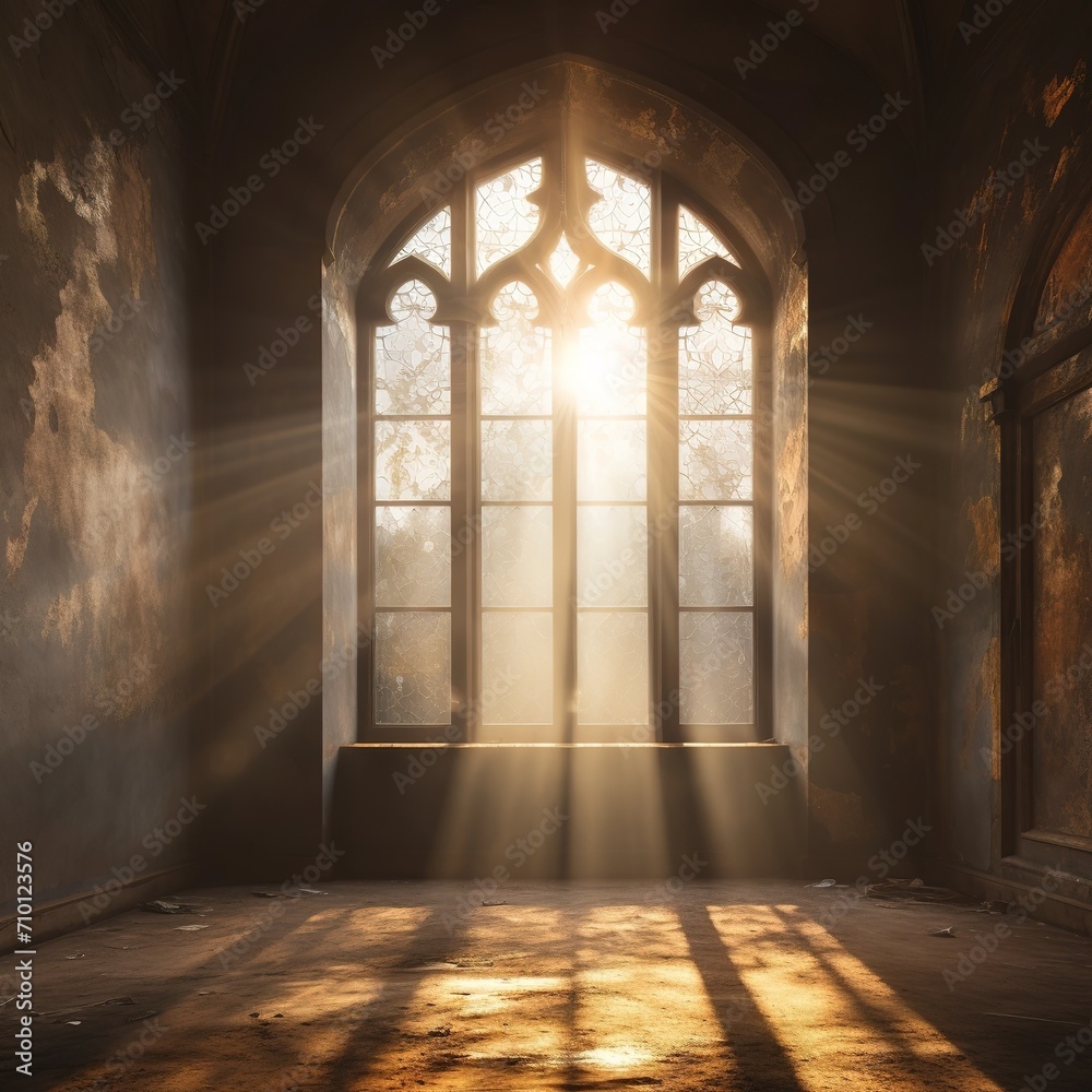 Rays of bright light passing through the windows of an old abandoned castle. Beautiful home interior, gothic setting, natural light. Medieval cathedral style or mosque