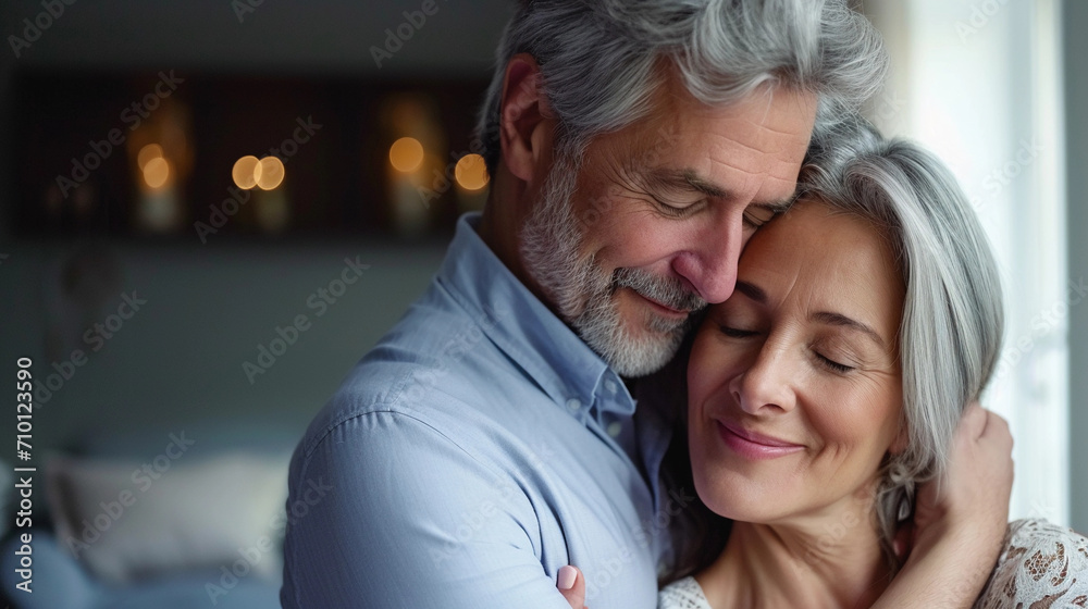 Happy Affectionate Mature Adult Husband Embracing, Kissing Wife, Enjoying Tender Moment of Love and Care. Mid Age 50s Romantic Grey-Haired Married Couple Bonding Together, Hugging at Home. Close Up Happy Affectionate Mature Adult Husband Embracing, Kissing Wife, Enjoying Tender Moment of Love and Care. Mid Age 50s Romantic Grey-Haired Married Couple Bonding Together, Hugging at Home. Close Up