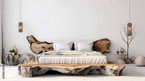 Modern scandinavian loft bedroom with rustic wooden bed against white wallcopy space available. photo