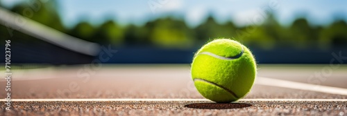 Tennis ball on court close up  vibrant texture   markings, empty space for text   banner © Ilja