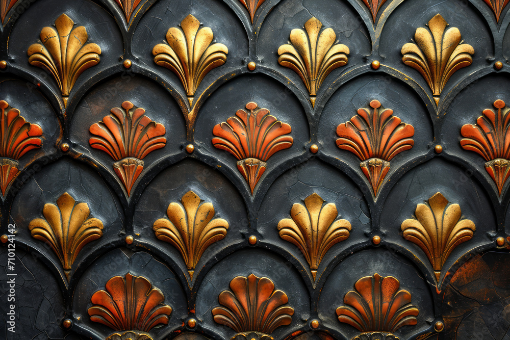 Repeating design on black, red and gold paintedart deco inspired interior wallpaper, carved, hand painted, surface material texture Repeating design on black, red and gold paintedart deco inspired interior wallpaper, carved, hand painted, surface material texture