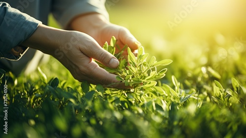 Close up of a man s hands gently plucking fresh tea leaves on a sunny summer day in a vibrant field
