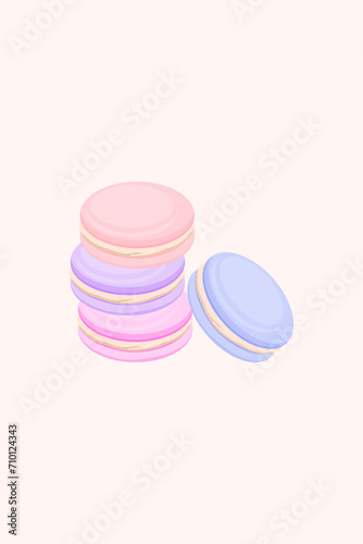 Four colorful macaron. Pink, lilac, blue, peach sweet macaron. Poster, flyer, banner for pastry shop
