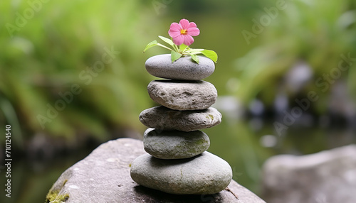 Stacked pebbles create a harmonious balance in nature generated by AI