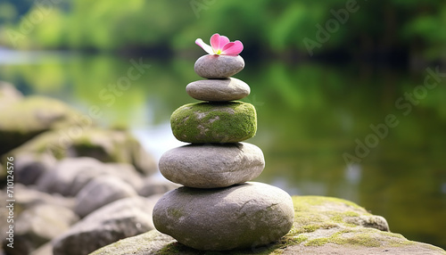 Tranquil scene of balanced stone stack in nature generated by AI