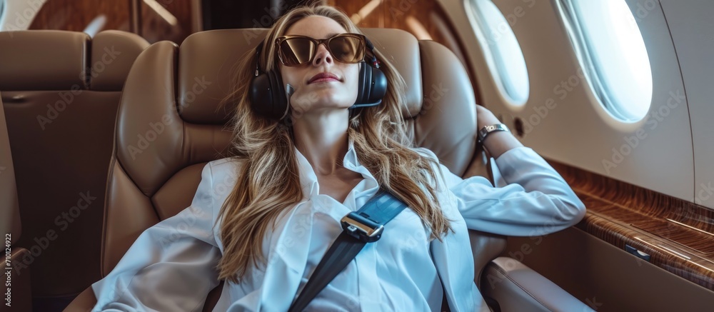 Joyful female executive enjoying music on a private aircraft.