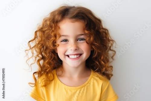 Portrait of a cute little girl with curly hair on a white background