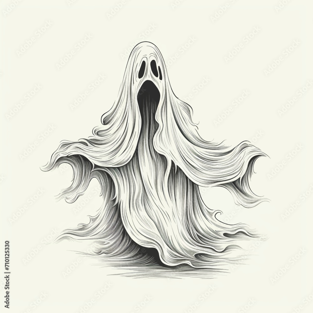 Hand-Drawn Halloween Ghost Floating in the Air Hand-Drawn Halloween Ghost Floating in the Air