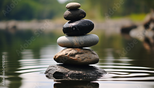 Tranquil scene of stacked stones reflects harmony and balance generated by AI
