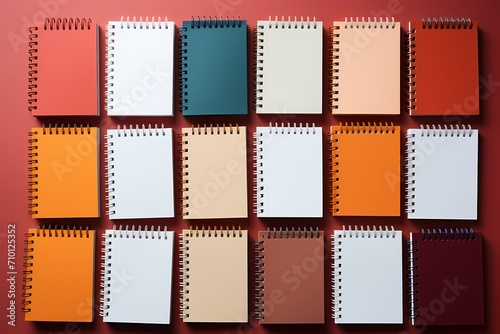 Sleek overhead shot of neatly arranged school notepads against a gradient coral background