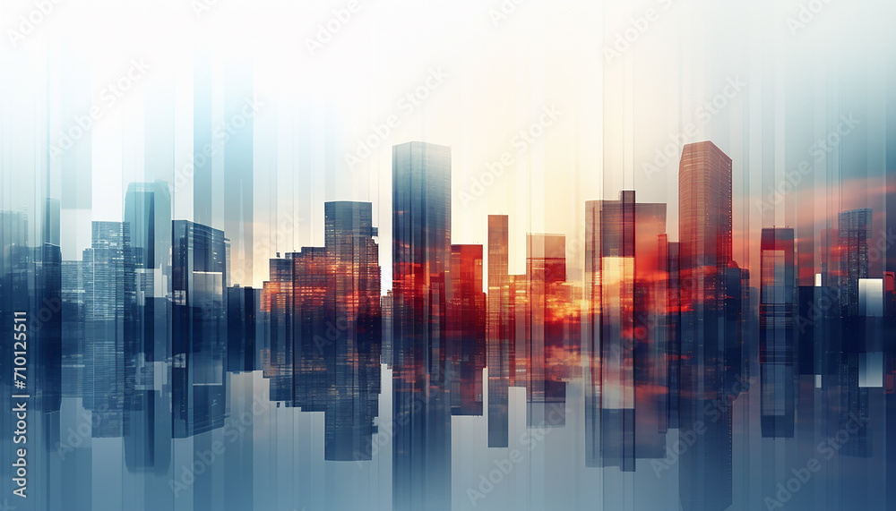 Abstract cityscape silhouette against vibrant sunset backdrop generated by AI