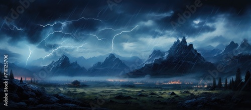 Spidery lightning illuminates a stormy valley night.