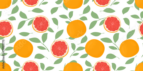 Seamless pattern with grapefruits whole and half on white background. Fresh citrus pomelo fruit and leaves. Repeating texture for fashion, fabric, textile, wallpaper, cover, wrapping paper. Vector