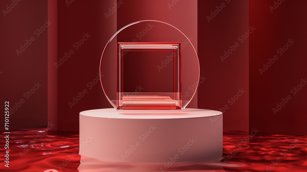 Red glass frame with podium and red water. Beauty showcase background presentation Red glass frame with podium and red water. Beauty showcase background presentation