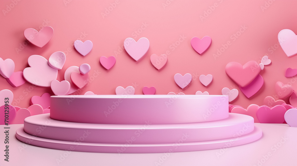 Pink pedestal with pink levitating hearts. Beauty, cosmetic product presentation