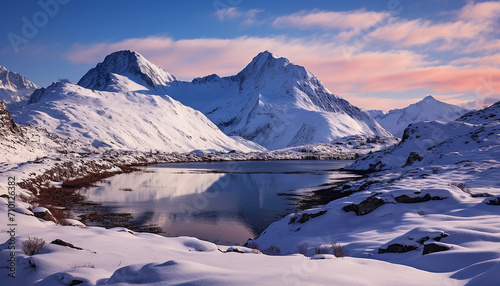 Snow capped mountains reflect in tranquil icy waters generated by AI