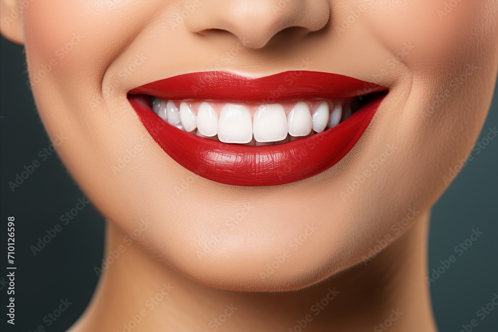 Close up of woman with flawless red lips and white teeth, beaming a super confident smile.