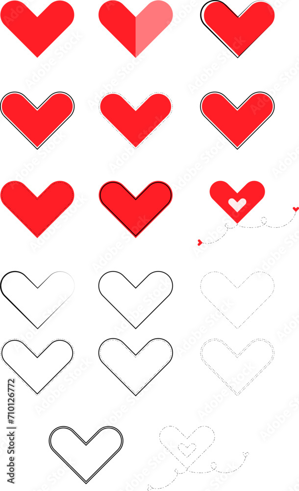 Flat vector art illustartion of simple valentines day heart icon set in red and black color, outline and dash for the decoration of valentine, card, wedding, happy, birthday, on transparent background