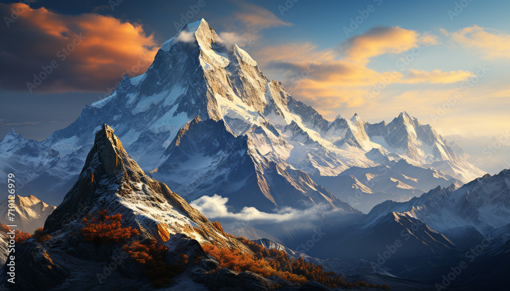 Majestic mountain peak, snow capped, panoramic landscape generated by AI - obrazy, fototapety, plakaty 