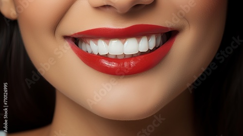 Close up portrait of a woman with perfect red lips  clear white teeth  and a super smile.