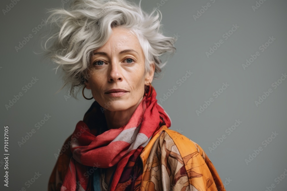 Portrait of a beautiful senior woman wearing a scarf and looking at the camera Portrait of a beautiful senior woman wearing a scarf and looking at the camera