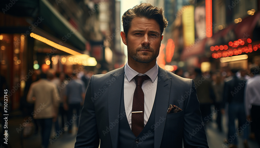 Fototapeta premium Confident businessman in suit, looking at camera at night generated by AI