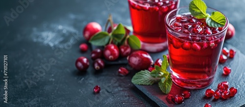 Colorful cranberry juice with berries, pomegranate elixir, and mint leaves on a table.