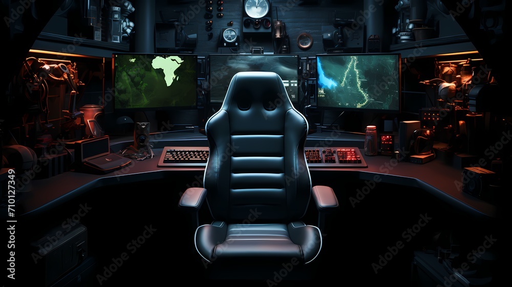 A top view of a computer chair with ergonomic features, placed in front of a desk with a keyboard, mouse, and monitor