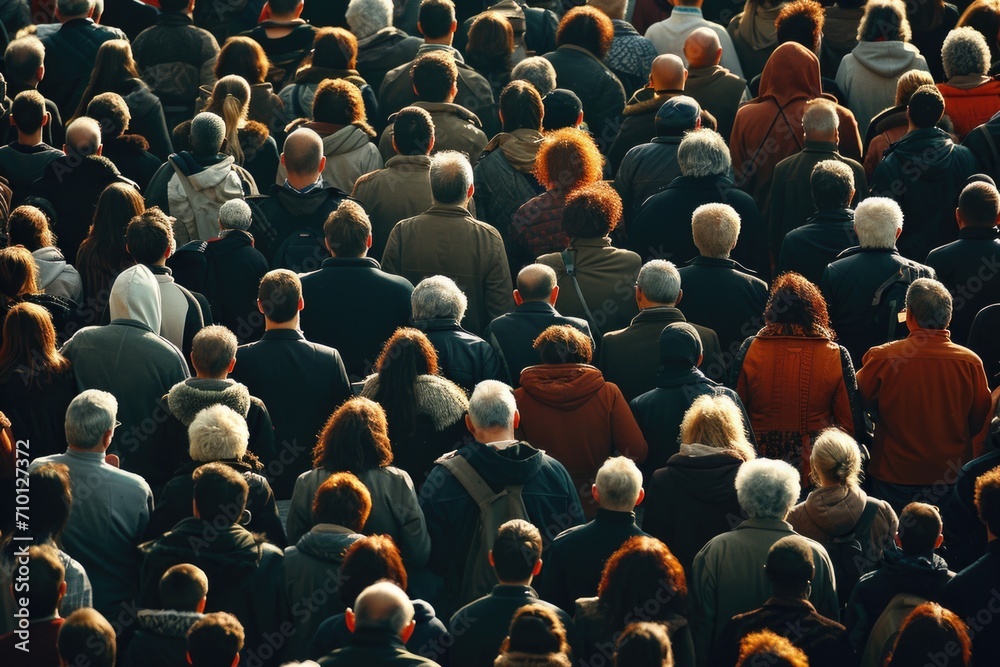 A picture showing a large group of people standing together in a crowd. This image can be used to depict unity, teamwork, social gatherings, or community events - obrazy, fototapety, plakaty 