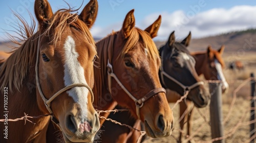 A group of horses standing next to each other. Perfect for equestrian enthusiasts or farm-related projects © Fotograf