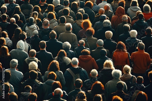 A picture showing a large group of people standing together in a crowd. This image can be used to depict unity, teamwork, social gatherings, or community events photo