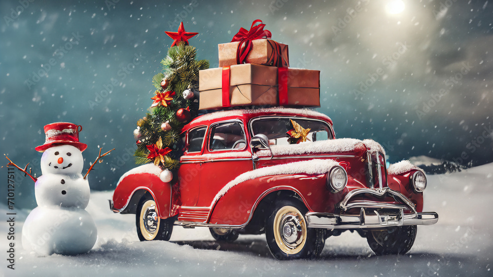 Red Car Christmas tree and gift 