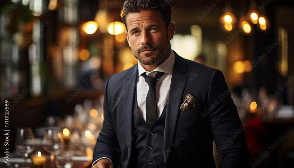 Fototapeta premium Confident businessman in suit, looking at camera outdoors generated by AI