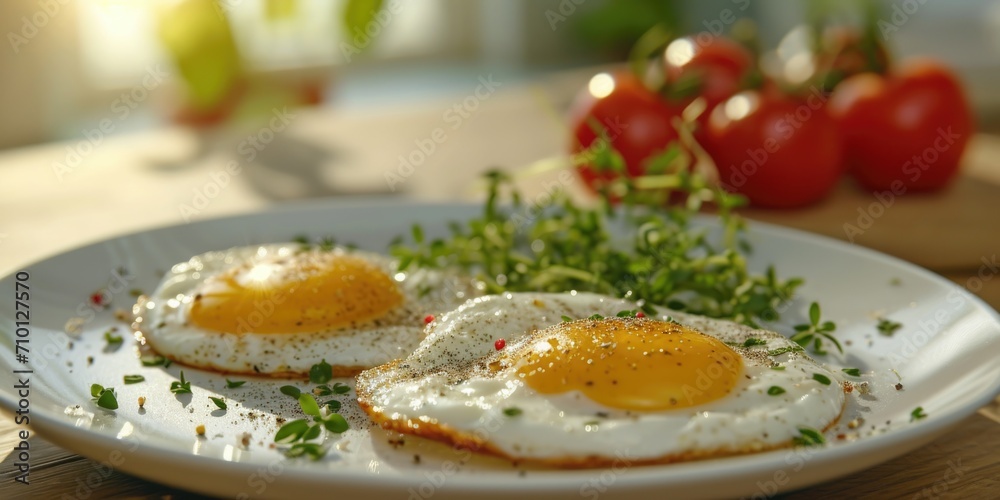 Two fried eggs served on a plate with a garnish of fresh parsley. This image can be used to showcase a delicious breakfast or brunch meal