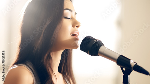 A beautiful female singer woman singing into microphone side view.