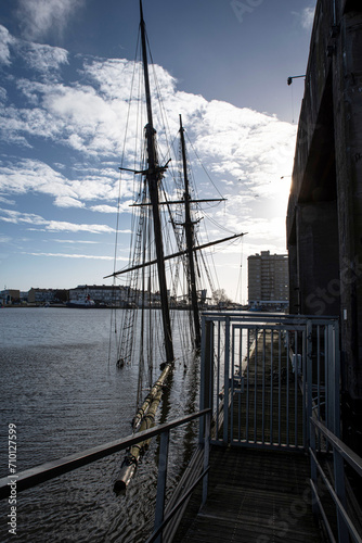 An ancient sailing ship sunk in the port of Saint-Nazaire in Brittany, France