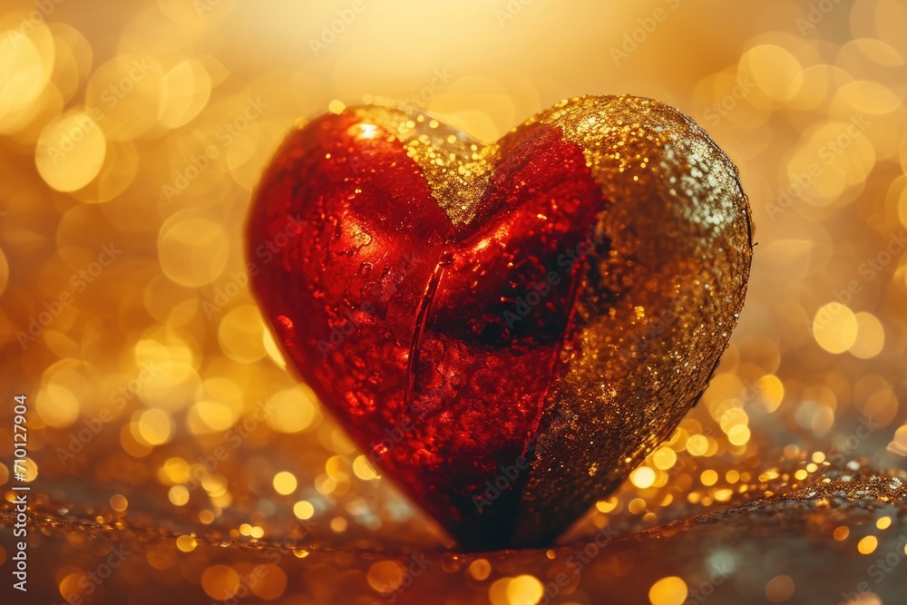 A red and gold heart sitting on top of a table. Perfect for Valentine's Day decorations or romantic-themed projects