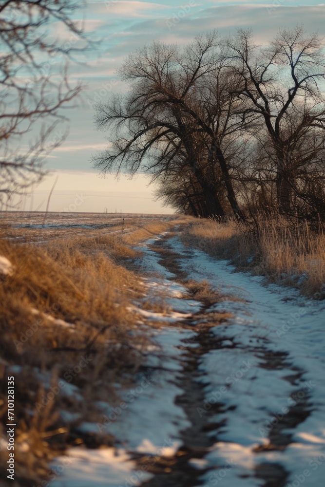 A scenic dirt road with tall trees in the distance. Perfect for nature enthusiasts and travel websites