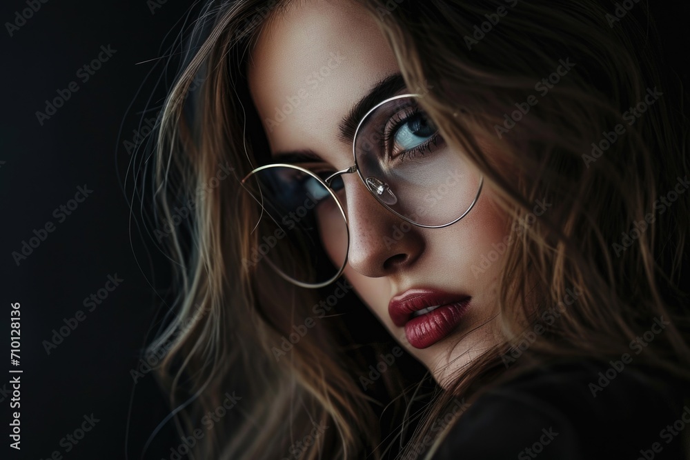 A woman wearing glasses and sporting vibrant red lipstick A woman wearing glasses and sporting vibrant red lipstick