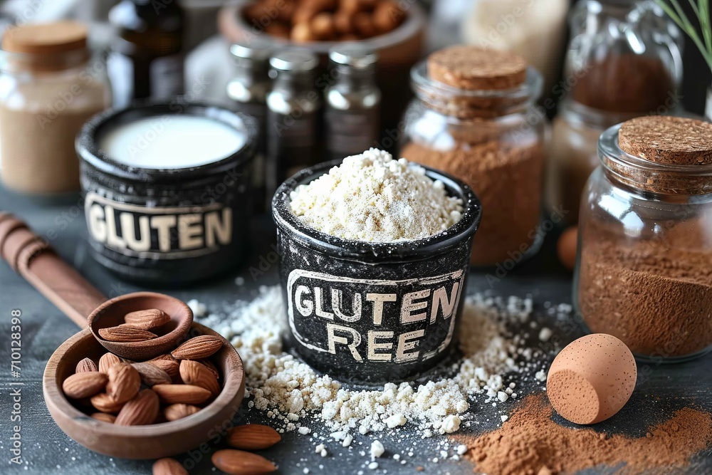 Gluten-free products, assortment of cereals and nuts, breads and baked goods. 
