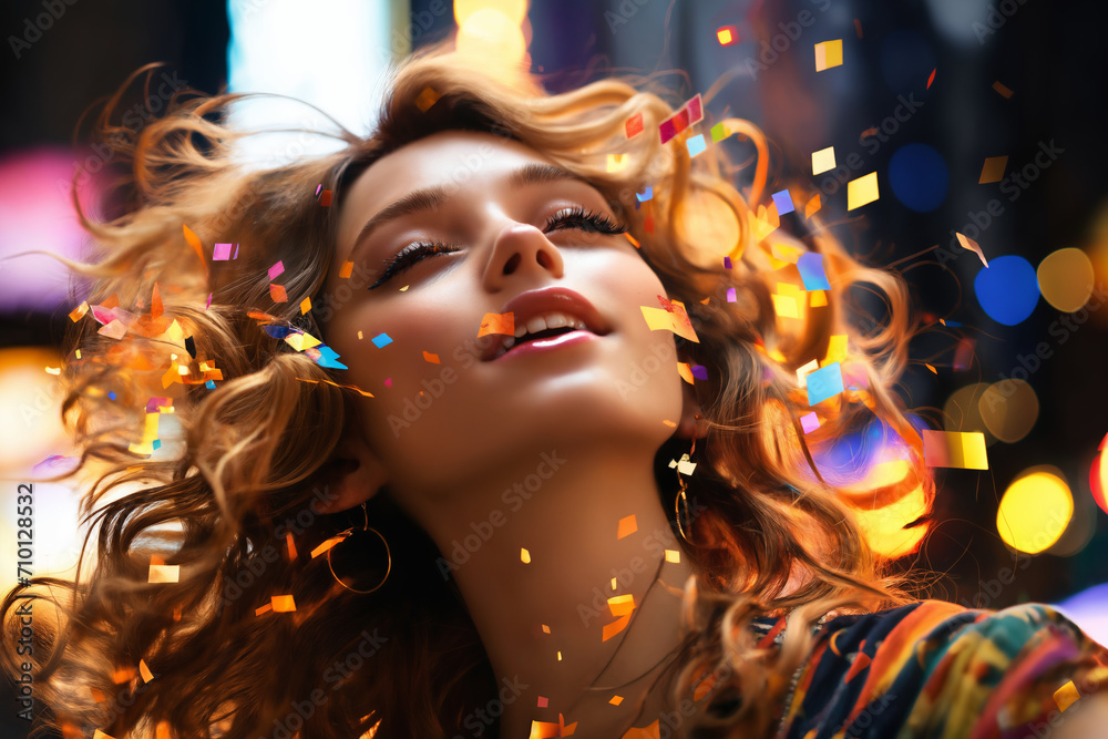 Fototapeta premium a beautiful woman, with hairstyle, and colorful holography lights particles around her face, city street background in the evening