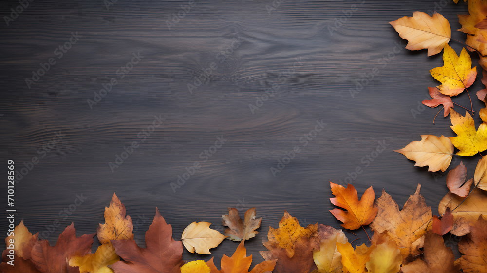 frame made of a wooden background and autumn leaves on the bottom and right side frame made of a wooden background and autumn leaves on the bottom and right side