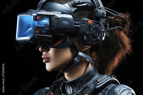 portrait of a woman soldier in headphones and virtual reality glasses with a camera, a warrior in army uniform, black background, cyberpunk style, futurism