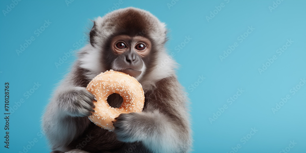 Fototapeta premium A monkey with a donut in its mouth, pastel colors